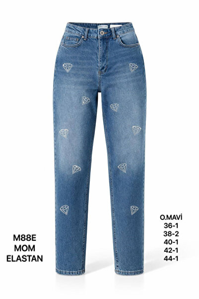 Miss Poem Дамски сини дънки с висока талия и стоунуош ефект