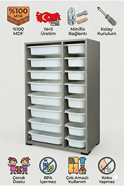 yabilmo %100 MDF Gövde Kolay Minifix Bağlantı 16 Çekmece Çok Amaçlı Oyuncak D...