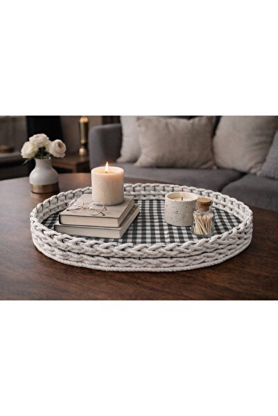 Bohem studio Beyaz Örgü Dekoratif Tepsi – Bohem El Yapımı Orta Sehpa Tepsisi