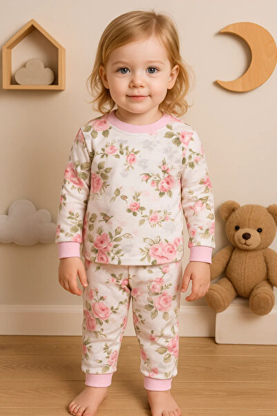 MiniElegans Large Floral Print Baby Girl Tracksuit Set 100% Cotton