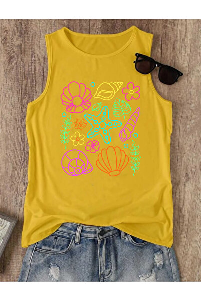SUNFREE Summer Neon Sea Shell B Printed Summer Sleeveless Crew Neck Women's T...