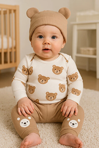 MiniElegans Eared Teddy Bear 100% Cotton 3-Piece Baby Boy Set