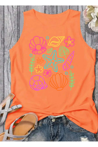 SUNFREE Summer Neon Sea Shell B Printed Summer Sleeveless Crew Neck Women's T...