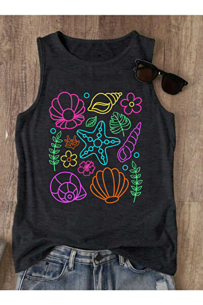 SUNFREE Summer Neon Sea Shell B Printed Summer Sleeveless Crew Neck Women's T...