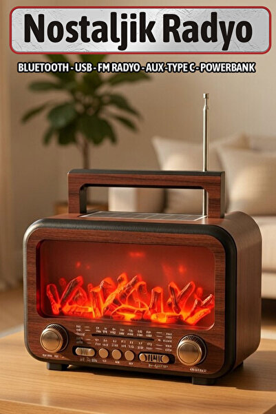 FeyzaDesign Nostaljik Şömineli Bluetooth Radyo ve Taşınabilir Solar Şarjlı Ho...