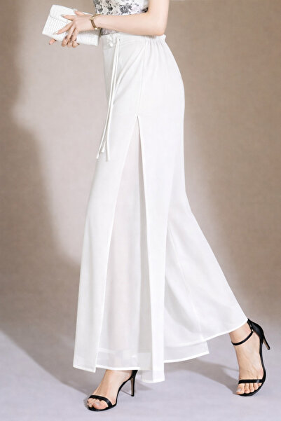 Hazel Women's white high waist Slit Double-Layered chiffon pants