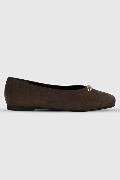 Modezya Coffee Suede stone detail blunt nose woman Ballet Flats