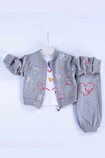 Generic Brand Heart Patterned Cardigan Cotton 3-Piece Baby Girl Set