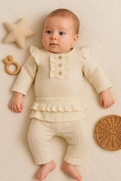 MiniElegans Ruffled 100% Cotton 2-Piece Baby Girl Set with Gather Detail