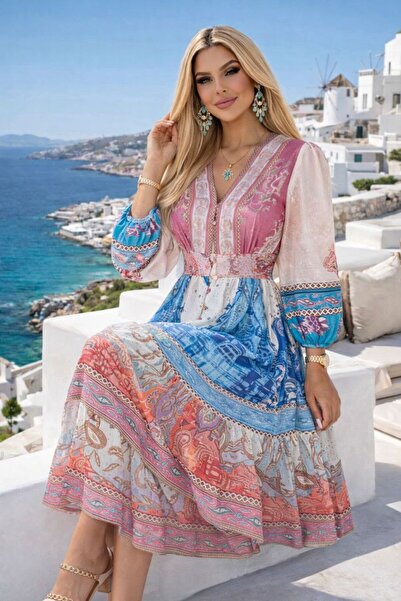 ANBLYs COLLECTION V-Neck Buttoned Flared Zimmerman Pattern Printed Imported K...