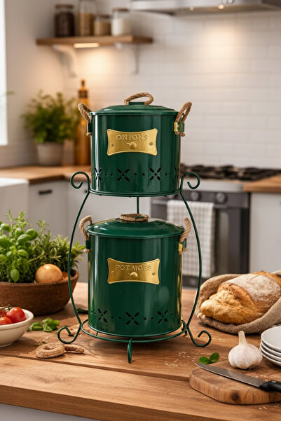 Feronyahome & Garden 2 Katlı Metal Standlı Patates Soğan Kovası Seti