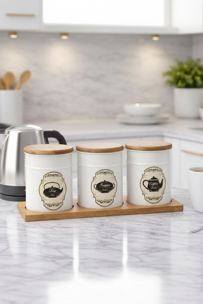 Feronyahome & Garden 3'lü Vakumlu Ahşap Kapaklı Standlı Metal Saklama Kabı Se...