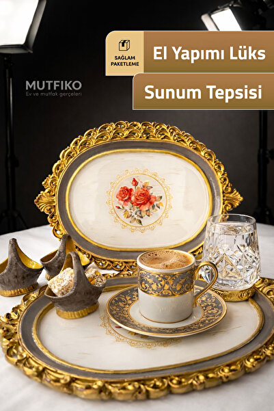 Mutfiko Set of 6 Handmade Luxury Oval Presentation Trays with Gold Detailing ...
