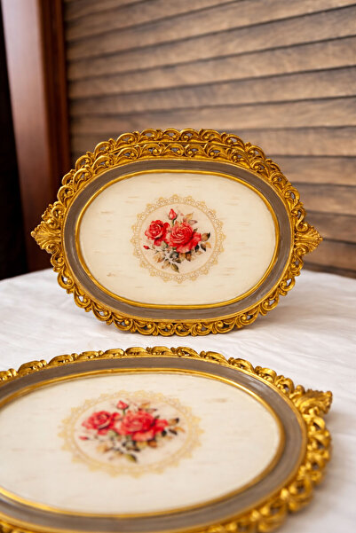 Mutfiko Set of 6 Handmade Luxury Oval Presentation Trays with Gold Detailing – Vintage Rose Patterned Stylish Serving Tray