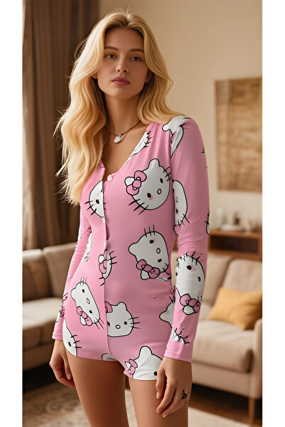 ALFA AKSESUAR 03 Luna Lora Pink Cat Dream Cotton Pink Cat Patterned Button Lo...