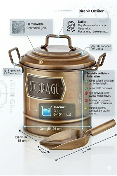 The Mia Galvanized Steel Legume Storage Bucket 3 Lt with Scoop