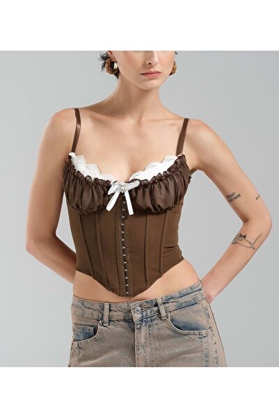 ibeeka Halter Neck Design Corset Bustier - Premium Quality Blouse - Brown - S