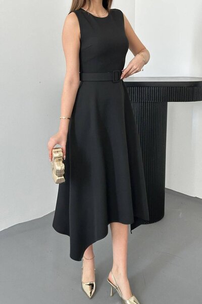 Caddebostan Moda Belt Piece Asymmetrical Cut Hem Sleeveless Atlas Fabric Midi...