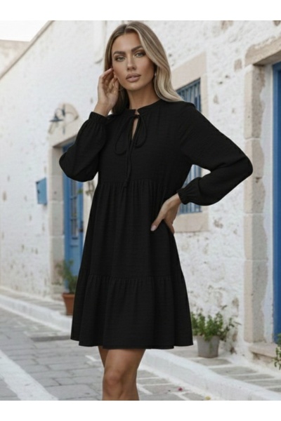 FRESCO SCARFS Дамска мини рокля с дълги ръкави, яка, връзки отпред и волани о...