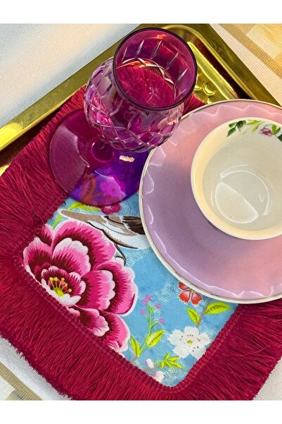 Nef’s Atelier Püskül Detaylı Çiçek Desenli Kahve Peçetesi 14x14 cm – 2’li Set