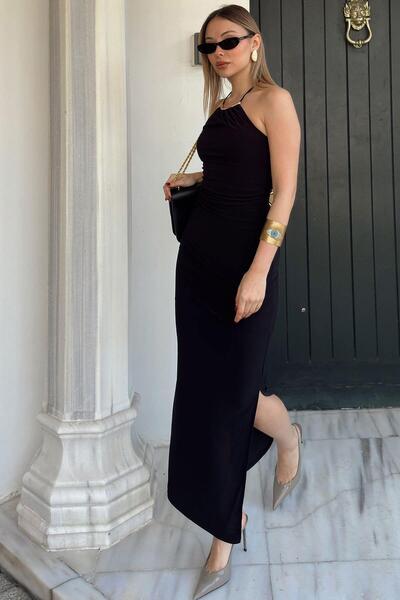 Swist Black Halter Neck Women's Sandy Dress with Tie-Detail Collar Accessorie...