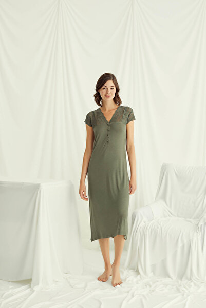 MONAMİSE Women'S, Khaki, Sleeves, Shoulders and Collar, Lace Piece Buttoned F...