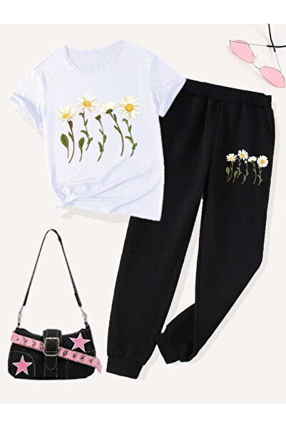 Rayan & Hoor Style Papatya Printed Sweatpants and T-Shirt Top and Bottom Trac...