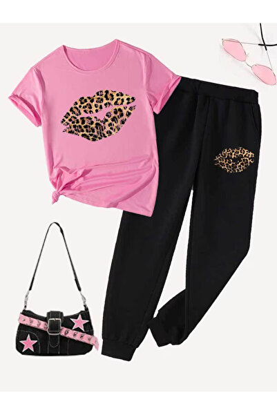 Rayan & Hoor Style Printed Sweatpants and T-shirt Top and Bottom Tracksuit Set