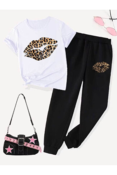 Rayan & Hoor Style Printed Sweatpants and T-shirt Top and Bottom Tracksuit Set