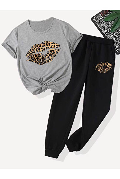 Rayan & Hoor Style Printed Sweatpants and T-shirt Top and Bottom Tracksuit Set