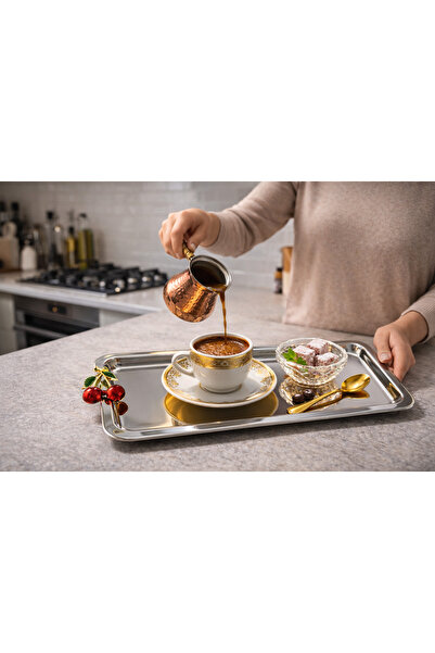 KEA 33x14 cm Gümüş Aynalı Sunum Tepsisi – Kiraz Detaylı Paslanmaz Çelik Dikdö...