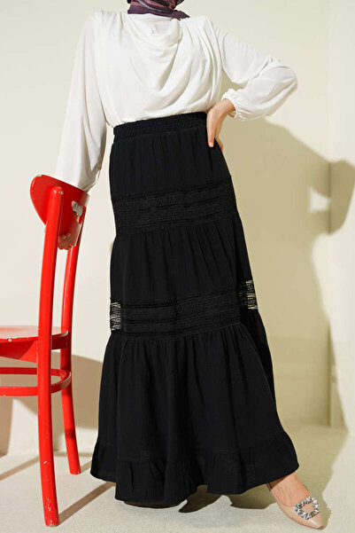 Lavanta Tekstil Elastic Waist Guipure Striped Muslin Skirt