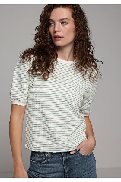 Colin's Slim Fit Round Neck Striped Women's Green Short Sleeve T-Shirt