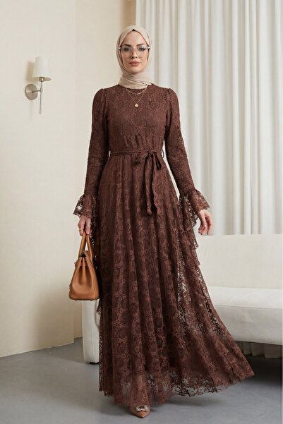 Modamorfo Floral Print Guipure Lace Pcs Handle Ruffled Belt Pcs Lined Dress -...