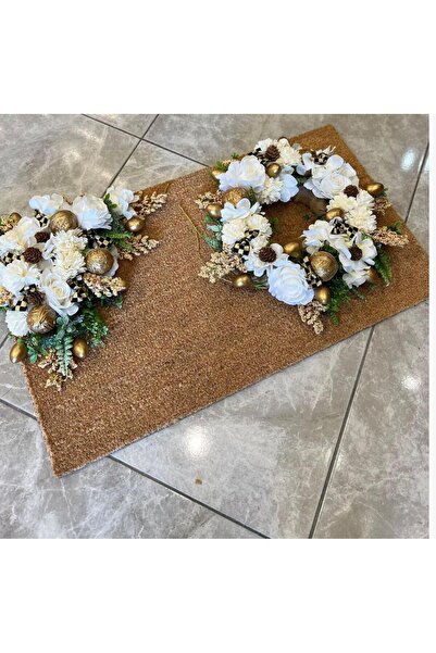 TASARIMHMODA Kapı Önü Paspas ve Çelenk Seti Beyaz Gold