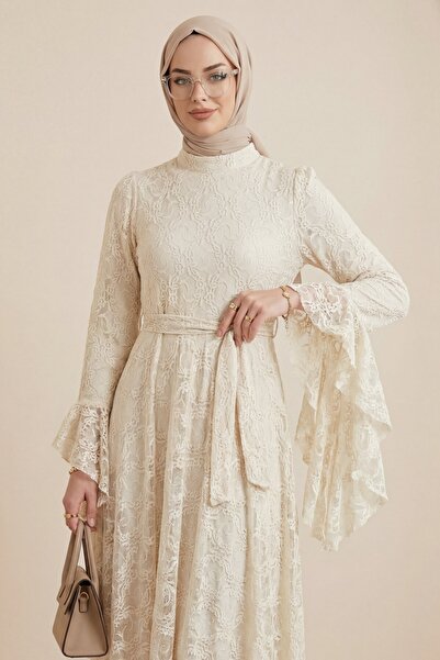 Modamorfo Floral Print Guipure Lace Pcs Handle Ruffled Belt Pcs Lined Dress -...