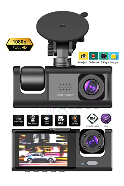 BEKAZE 3 Kameralı 1080P Full HD Araç İçi Kamera Ön Arka İç Kayıt Gece Görüşlü...