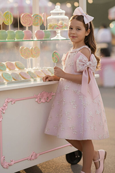 Pamina Powder dress with embroidered details, arm bows, and hair accessory