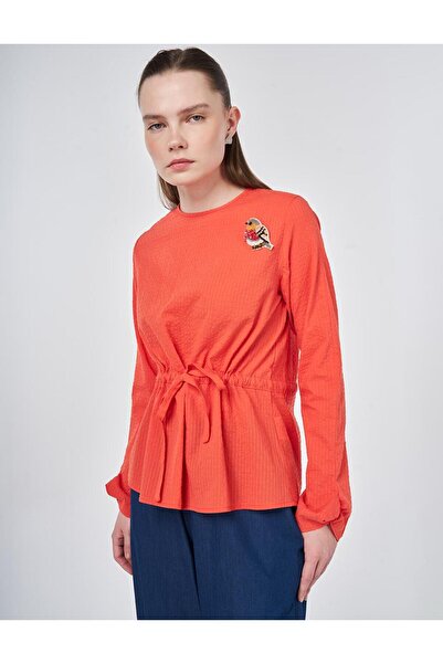 KYR 100% Cotton Piece Blouse with Brooch Detail Coral