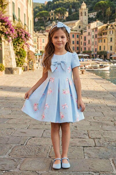 Pamina Dress - blue - with a bow Printed and a hairband