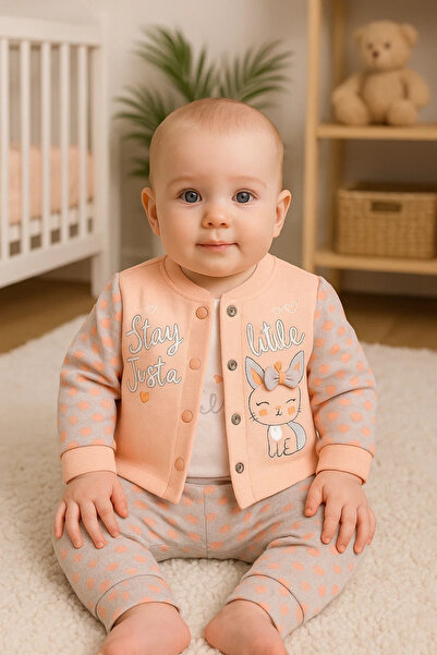 MiniElegans Stay Little Point Patterned 3-Piece Baby Girl Set with Cardigan