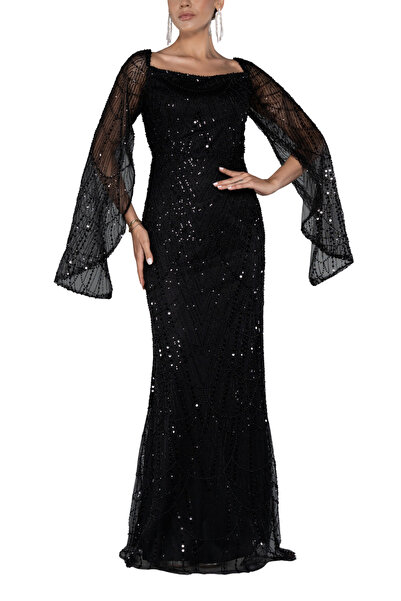 Arden Uzun Abiye Elbise, Siyah, Lacivert Payetli Kare Yaka Uzun Kol Düğün, Ni...