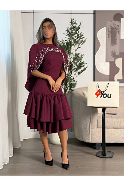 Generic Pearl-embroidered midi dress with a feminine two-tiered design