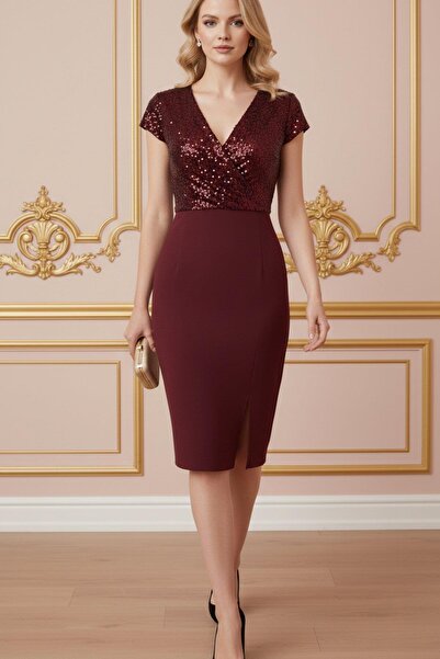 Mossta Dvoredno kopčanje kroj Sjajna olovka Uvezena K Krep haljina - bordo cr...