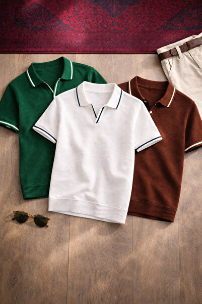 DepoExport Ανδρικό πλεκτό μπλουζάκι με γιακά πόλο Με υφή σετ 3 τεμαχίων, κανο...