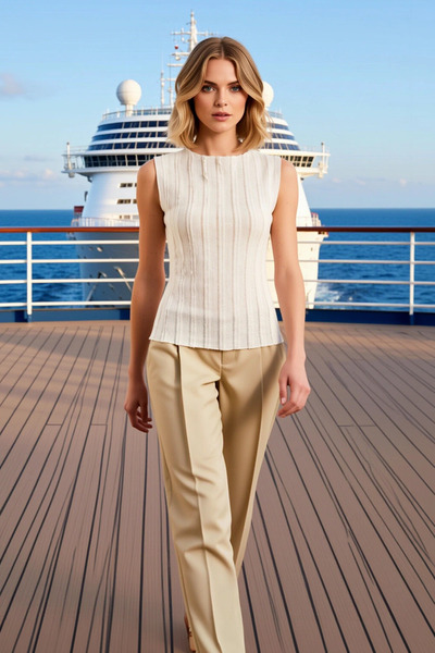 BENERLY Women's Blouse Fitted Crew Neck Sleeveless Textured Knitted Fabric Re...