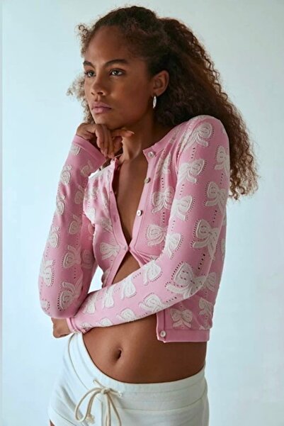 Out From Under for Urban Outfitters Pembe Beyaz Fiyonk Jakar Dikişsiz Crop Hırka