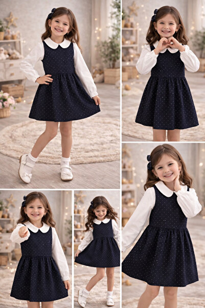 kahkaha kids Kız Çocuk Siyah Puantiyeli Elbise – Beyaz Yakalı Uzun Kollu Jile...