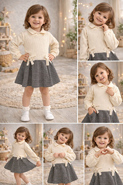 kahkaha kids Πλεκτό σετ για κορίτσια με πουλόβερ, πουκάμισο και φούστα – Εκρο...