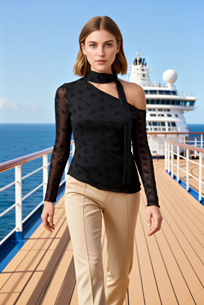 BENERLY Bluză de damă cu guler asimetric, mânecă lungă, croială ajustată tul ...